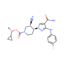 C[C@H](OC(=O)N1CC[C@H](n2cc(C(N)=O)c(Nc3ccc(F)cc3)n2)[C@H](C#N)C1)C1CC1 ZINC000205063999