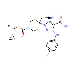 C[C@H](OC(=O)N1CCC(CC#N)(n2cc(C(N)=O)c(Nc3ccc(F)cc3)n2)CC1)C1CC1 ZINC000222101173