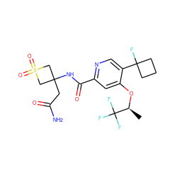 C[C@H](Oc1cc(C(=O)NC2(CC(N)=O)CS(=O)(=O)C2)ncc1C1(F)CCC1)C(F)(F)F ZINC000149244866