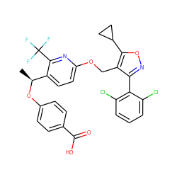 C[C@H](Oc1ccc(C(=O)O)cc1)c1ccc(OCc2c(-c3c(Cl)cccc3Cl)noc2C2CC2)nc1C(F)(F)F ZINC000058541786