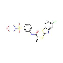 C[C@H](Sc1nc2cc(Cl)ccc2s1)C(=O)Nc1cccc(S(=O)(=O)N2CCOCC2)c1 ZINC000008774696