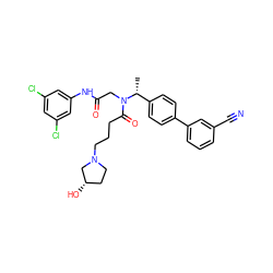 C[C@H](c1ccc(-c2cccc(C#N)c2)cc1)N(CC(=O)Nc1cc(Cl)cc(Cl)c1)C(=O)CCCN1CC[C@H](O)C1 ZINC000028529617