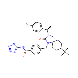 C[C@H](c1ccc(Br)cc1)N1CC2(CCC(C(C)(C)C)CC2)N(Cc2ccc(C(=O)Nc3nnn[nH]3)cc2)C1=O ZINC000028525768