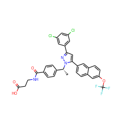 C[C@H](c1ccc(C(=O)NCCC(=O)O)cc1)n1nc(-c2cc(Cl)cc(Cl)c2)cc1-c1ccc2cc(OC(F)(F)F)ccc2c1 ZINC000095087839