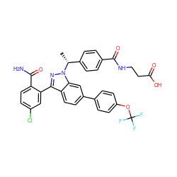 C[C@H](c1ccc(C(=O)NCCC(=O)O)cc1)n1nc(-c2cc(Cl)ccc2C(N)=O)c2ccc(-c3ccc(OC(F)(F)F)cc3)cc21 ZINC000473090235