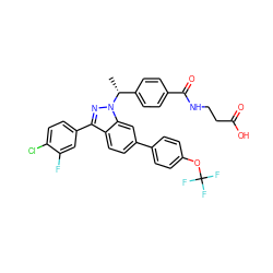 C[C@H](c1ccc(C(=O)NCCC(=O)O)cc1)n1nc(-c2ccc(Cl)c(F)c2)c2ccc(-c3ccc(OC(F)(F)F)cc3)cc21 ZINC000473090563