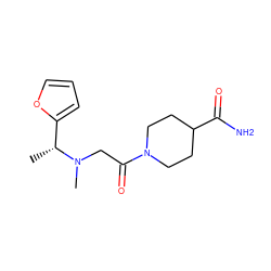 C[C@H](c1ccco1)N(C)CC(=O)N1CCC(C(N)=O)CC1 ZINC000069067765