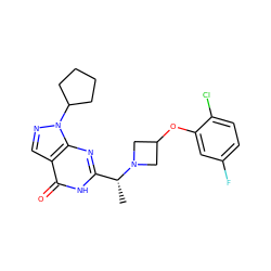 C[C@H](c1nc2c(cnn2C2CCCC2)c(=O)[nH]1)N1CC(Oc2cc(F)ccc2Cl)C1 ZINC000116977775