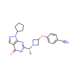 C[C@H](c1nc2c(cnn2C2CCCC2)c(=O)[nH]1)N1CC(Oc2ccc(C#N)cc2)C1 ZINC000116977835