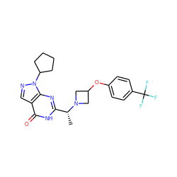 C[C@H](c1nc2c(cnn2C2CCCC2)c(=O)[nH]1)N1CC(Oc2ccc(C(F)(F)F)cc2)C1 ZINC000116981289