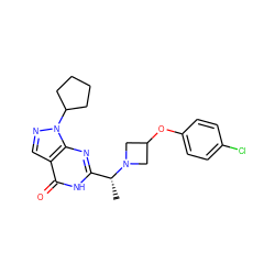 C[C@H](c1nc2c(cnn2C2CCCC2)c(=O)[nH]1)N1CC(Oc2ccc(Cl)cc2)C1 ZINC000116978495