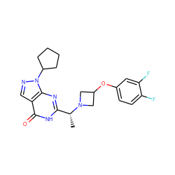 C[C@H](c1nc2c(cnn2C2CCCC2)c(=O)[nH]1)N1CC(Oc2ccc(F)c(F)c2)C1 ZINC001772581626