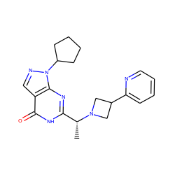 C[C@H](c1nc2c(cnn2C2CCCC2)c(=O)[nH]1)N1CC(c2ccccn2)C1 ZINC001772569979