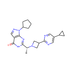 C[C@H](c1nc2c(cnn2C2CCCC2)c(=O)[nH]1)N1CC(c2ncc(C3CC3)cn2)C1 ZINC000116977698