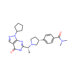 C[C@H](c1nc2c(cnn2C2CCCC2)c(=O)[nH]1)N1CC[C@H](c2ccc(C(=O)N(C)C)cc2)C1 ZINC000145172079