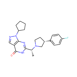 C[C@H](c1nc2c(cnn2C2CCCC2)c(=O)[nH]1)N1CC[C@H](c2ccc(F)cc2)C1 ZINC000116981265