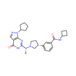 C[C@H](c1nc2c(cnn2C2CCCC2)c(=O)[nH]1)N1CC[C@H](c2cccc(C(=O)NC3CCC3)c2)C1 ZINC000116977986