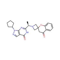 C[C@H](c1nc2c(cnn2C2CCCC2)c(=O)[nH]1)N1CC2(CC(=O)c3ccccc3O2)C1 ZINC001772640034