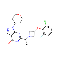 C[C@H](c1nc2c(cnn2C2CCOCC2)c(=O)[nH]1)N1CC(Oc2c(F)cccc2Cl)C1 ZINC001772580216