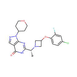 C[C@H](c1nc2c(cnn2C2CCOCC2)c(=O)[nH]1)N1CC(Oc2ccc(Cl)cc2F)C1 ZINC001772582738