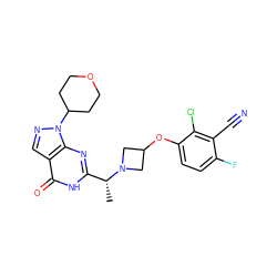 C[C@H](c1nc2c(cnn2C2CCOCC2)c(=O)[nH]1)N1CC(Oc2ccc(F)c(C#N)c2Cl)C1 ZINC001772595680