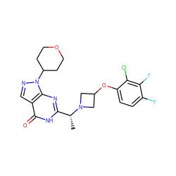 C[C@H](c1nc2c(cnn2C2CCOCC2)c(=O)[nH]1)N1CC(Oc2ccc(F)c(F)c2Cl)C1 ZINC001772635269