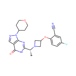 C[C@H](c1nc2c(cnn2C2CCOCC2)c(=O)[nH]1)N1CC(Oc2ccc(F)cc2C#N)C1 ZINC001772602035