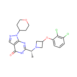 C[C@H](c1nc2c(cnn2C2CCOCC2)c(=O)[nH]1)N1CC(Oc2cccc(Cl)c2Cl)C1 ZINC001772629845