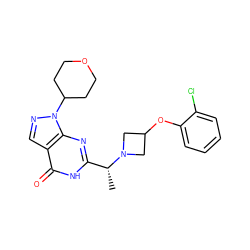 C[C@H](c1nc2c(cnn2C2CCOCC2)c(=O)[nH]1)N1CC(Oc2ccccc2Cl)C1 ZINC001772609746