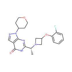 C[C@H](c1nc2c(cnn2C2CCOCC2)c(=O)[nH]1)N1CC(Oc2ccccc2F)C1 ZINC001772593732