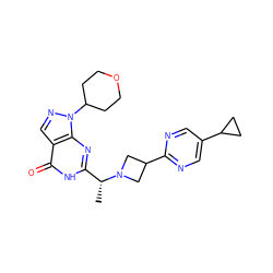 C[C@H](c1nc2c(cnn2C2CCOCC2)c(=O)[nH]1)N1CC(c2ncc(C3CC3)cn2)C1 ZINC001772586982