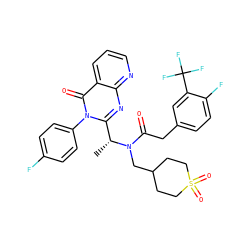 C[C@H](c1nc2ncccc2c(=O)n1-c1ccc(F)cc1)N(CC1CCS(=O)(=O)CC1)C(=O)Cc1ccc(F)c(C(F)(F)F)c1 ZINC000082137955