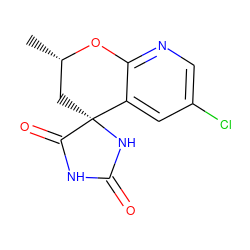 C[C@H]1C[C@@]2(NC(=O)NC2=O)c2cc(Cl)cnc2O1 ZINC000029551526