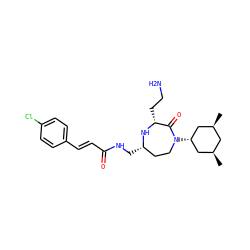 C[C@H]1C[C@@H](C)C[C@H](N2CC[C@H](CNC(=O)/C=C/c3ccc(Cl)cc3)N[C@H](CCN)C2=O)C1 ZINC001772645808