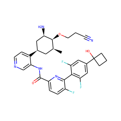 C[C@H]1C[C@@H](c2ccncc2NC(=O)c2ccc(F)c(-c3c(F)cc(C4(O)CCC4)cc3F)n2)C[C@@H](N)[C@H]1OCCC#N ZINC000261131144