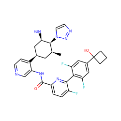 C[C@H]1C[C@@H](c2ccncc2NC(=O)c2ccc(F)c(-c3c(F)cc(C4(O)CCC4)cc3F)n2)C[C@@H](N)[C@H]1n1ccnn1 ZINC000261157534