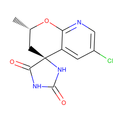 C[C@H]1C[C@]2(NC(=O)NC2=O)c2cc(Cl)cnc2O1 ZINC000001482581