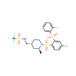 C[C@H]1C[C@H](CNS(=O)(=O)C(F)(F)F)CCN1S(=O)(=O)c1ccc(Cl)cc1S(=O)(=O)c1ccccc1F ZINC000049756319