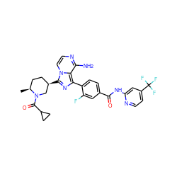 C[C@H]1CC[C@@H](c2nc(-c3ccc(C(=O)Nc4cc(C(F)(F)F)ccn4)cc3F)c3c(N)nccn23)CN1C(=O)C1CC1 ZINC000208755098