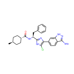 C[C@H]1CC[C@H](C(=O)N[C@@H](Cc2ccccc2)c2nc(-c3ccc4c(N)n[nH]c4c3)c(Cl)[nH]2)CC1 ZINC000299868311