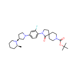 C[C@H]1CCCCN1[C@H]1CCN(c2ccc(N3CCC4(CCN(C(=O)OC(C)(C)C)CC4)C3=O)c(F)c2)C1 ZINC000140518510