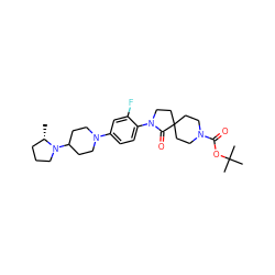 C[C@H]1CCCN1C1CCN(c2ccc(N3CCC4(CCN(C(=O)OC(C)(C)C)CC4)C3=O)c(F)c2)CC1 ZINC000140499008