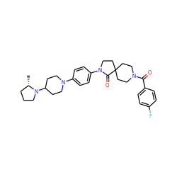 C[C@H]1CCCN1C1CCN(c2ccc(N3CCC4(CCN(C(=O)c5ccc(F)cc5)CC4)C3=O)cc2)CC1 ZINC000140639359