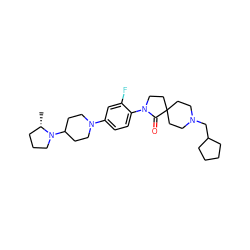 C[C@H]1CCCN1C1CCN(c2ccc(N3CCC4(CCN(CC5CCCC5)CC4)C3=O)c(F)c2)CC1 ZINC000140667496