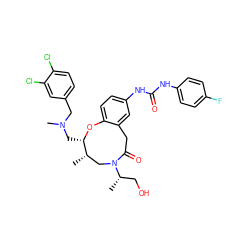 C[C@H]1CN([C@@H](C)CO)C(=O)Cc2cc(NC(=O)Nc3ccc(F)cc3)ccc2O[C@H]1CN(C)Cc1ccc(Cl)c(Cl)c1 ZINC000095598943