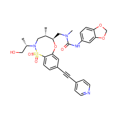 C[C@H]1CN([C@@H](C)CO)S(=O)(=O)c2ccc(C#Cc3ccncc3)cc2O[C@@H]1CN(C)C(=O)Nc1ccc2c(c1)OCO2 ZINC000095602333