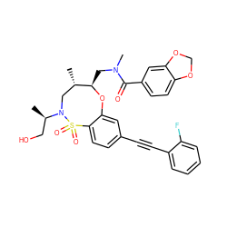 C[C@H]1CN([C@H](C)CO)S(=O)(=O)c2ccc(C#Cc3ccccc3F)cc2O[C@@H]1CN(C)C(=O)c1ccc2c(c1)OCO2 ZINC000095604922