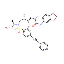 C[C@H]1CN([C@H](C)CO)S(=O)(=O)c2ccc(C#Cc3ccncc3)cc2O[C@@H]1CN(C)C(=O)Nc1ccc2c(c1)OCO2 ZINC000095604063