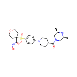 C[C@H]1CN(C(=O)C2CCN(c3ccc(S(=O)(=O)C4(C(=O)NO)CCOCC4)cc3)CC2)C[C@@H](C)N1 ZINC000049089257