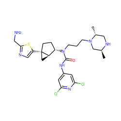C[C@H]1CN(CCCN(C(=O)Nc2cc(Cl)nc(Cl)c2)[C@H]2CC[C@]3(c4cnc(CN)s4)C[C@H]23)[C@H](C)CN1 ZINC000028825151